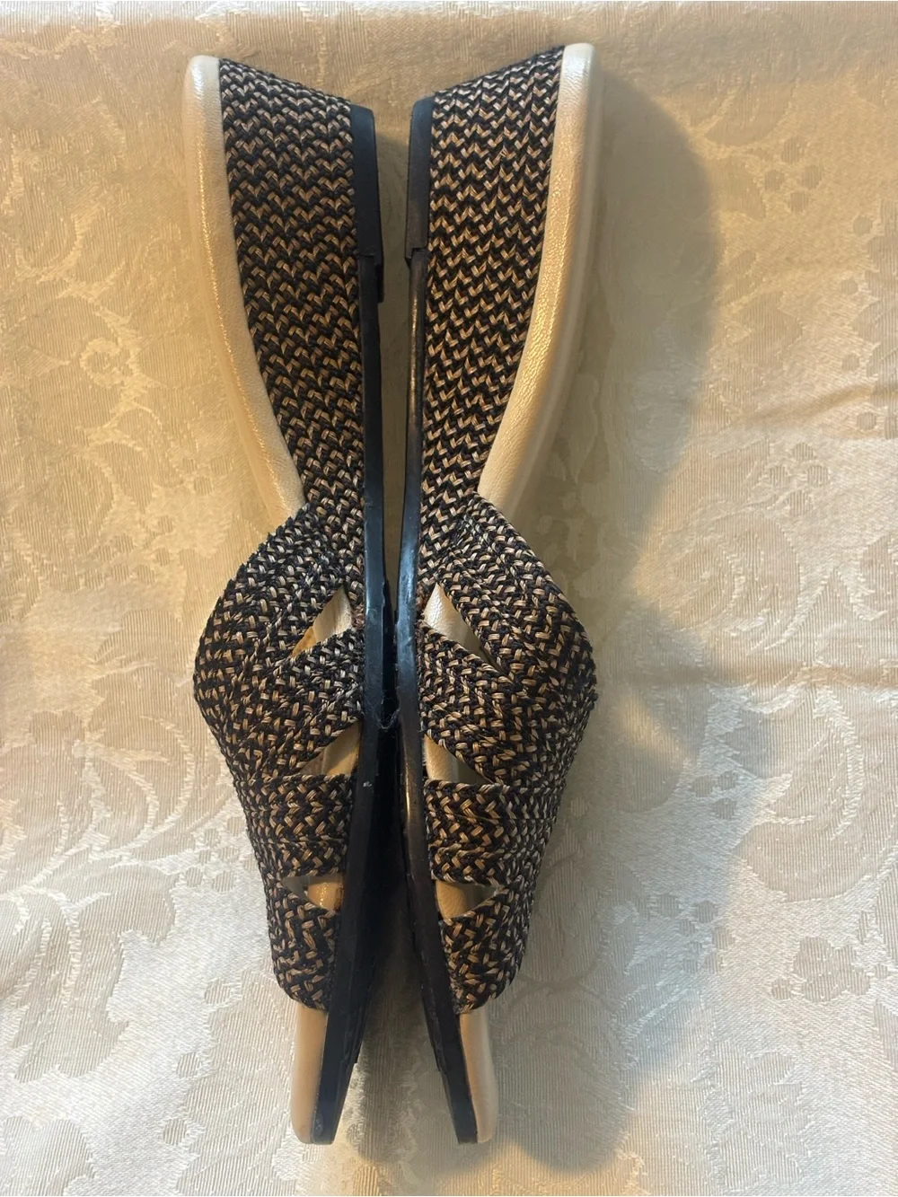 Eric Javits Black and Tan Woven Wedge Sandals, Size 65N